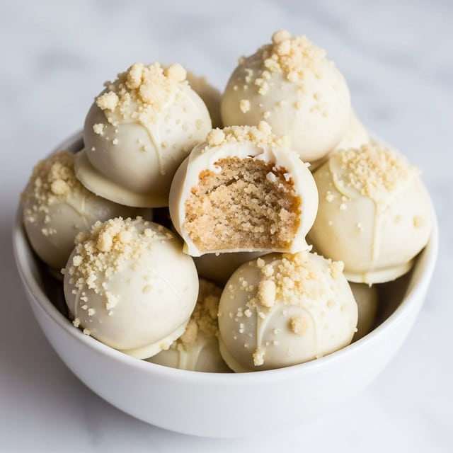 A close-up view of round, white chocolate-covered truffles stacked on a white plate on a white marbled surface. The truffles have smooth, creamy white outer layers with tiny brown specks scattered across them. One truffle is cut in half, showing a dense, light brown, crumbly inside layer. A whole brown nut rests near the truffles on the plate. The background is blurred, highlighting the detailed texture of the truffles. Photo taken with an iphone --ar 4:5 --v 7