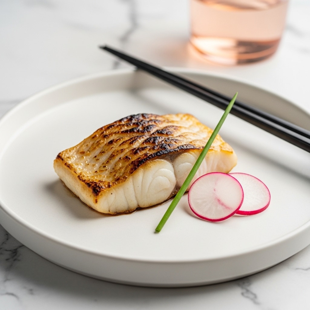 The image shows a white round plate holding a single piece of grilled fish with a golden brown and slightly charred edge, making it look crispy and well-cooked. The fish layer is thick with a smooth and shiny texture on top, catching the light. Next to the fish, there are two thin slices of radish with red edges and a pale center. A single green chive lies diagonally across the fish, adding a fresh color contrast. The plate is placed on a white marbled textured surface, with a pair of black chopsticks and a glass of light pink water blurred softly in the background. Photo taken with an iphone --ar 4:5 --v 7