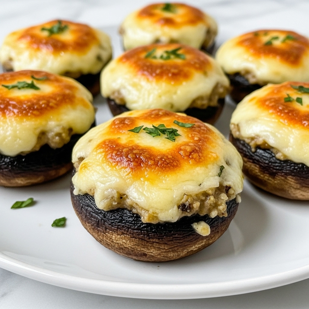 The dish shows several stuffed mushrooms on a white plate with a white marbled texture underneath. Each mushroom has one dark brown cap as the base, topped with a thick layer of creamy, melted cheese that is golden brown with some crispy spots. Small green herb pieces are sprinkled on top, adding a splash of color. The cheese layer looks soft and slightly bubbly, sitting high above the mushroom cap, making each one look round and full. Photo taken with an iphone --ar 4:5 --v 7