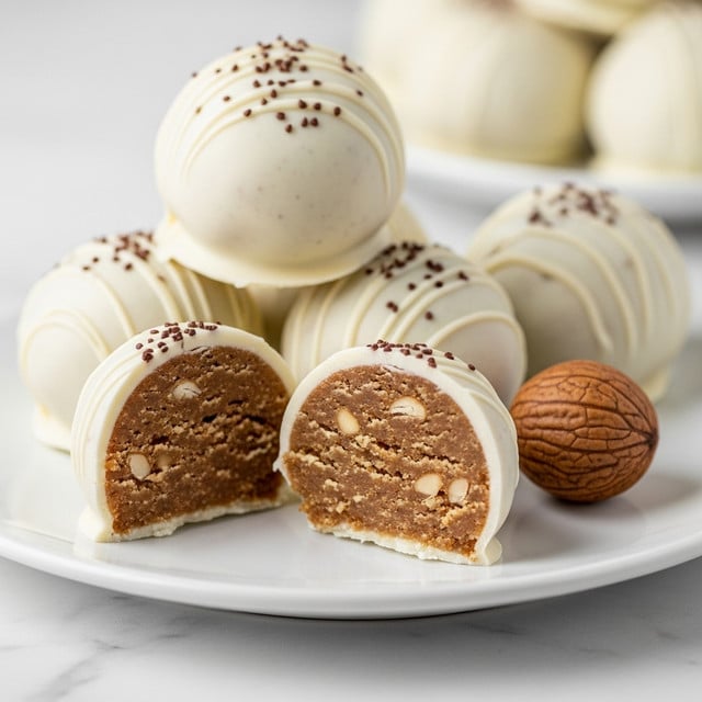 A white bowl filled with round cake balls coated in smooth white chocolate, each topped with small crumbles of light beige crumbs. One cake ball is partially bitten, showing a dense, moist, light tan cake interior. The bowl sits on a white marbled surface with soft lighting that highlights the shiny texture of the chocolate coating and the crumb topping. photo taken with an iphone --ar 4:5 --v 7