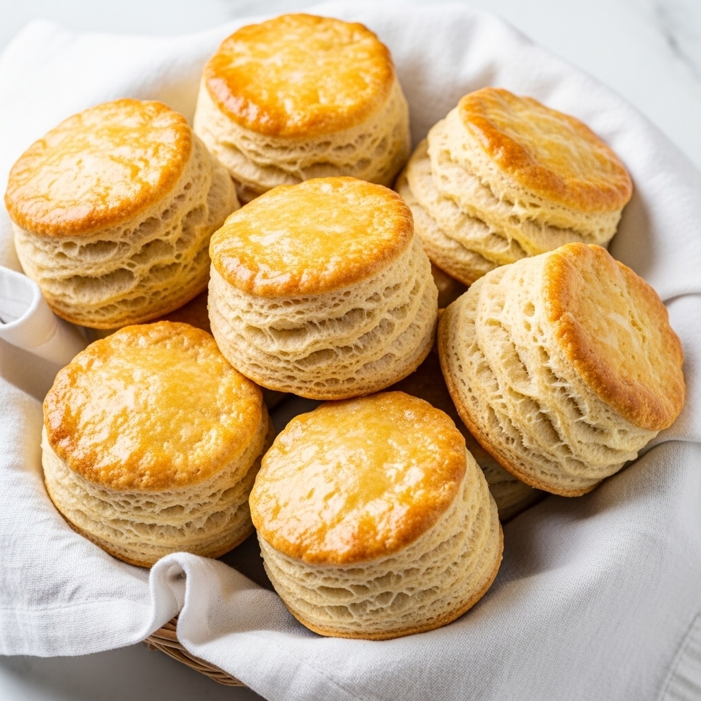 A basket lined with a white cloth holds seven golden brown biscuits, each showing many flaky layers that give a soft, puffy texture. The biscuit tops shine slightly with a light glaze, emphasizing their crisp and buttery surface. The layers are clearly visible on the sides, showing a mix of light and golden tones that look soft and tender. The basket sits on a white marbled surface, enhancing the fresh, warm appearance of the biscuits. photo taken with an iphone --ar 4:5 --v 7