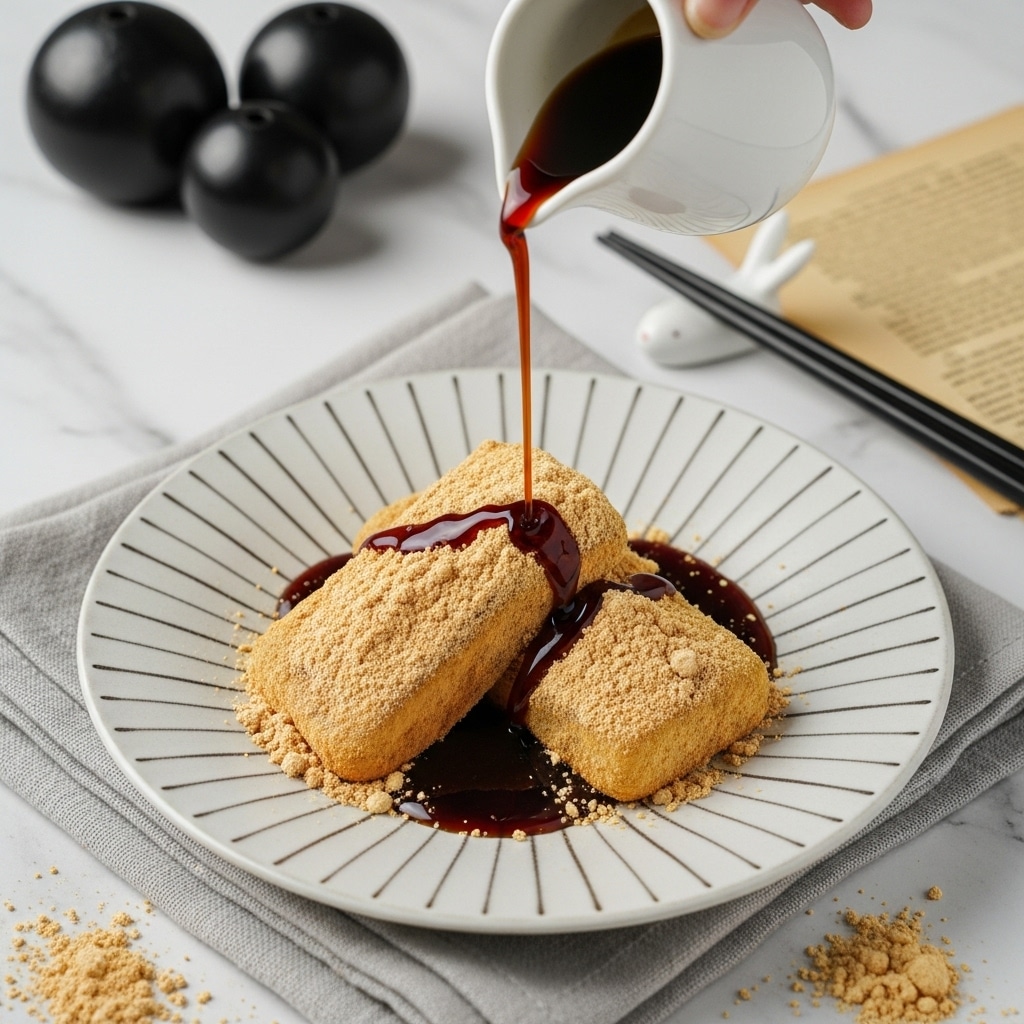 This image shows two soft, rectangular mochi pieces covered in light brown powder on a white plate with thin dark lines radiating from the center to the edges. The mochi are placed on a dark syrup base that pools slightly around them. A white ceramic jug is pouring dark syrup over the mochi, creating a glossy texture on some powder areas. The plate rests on a folded light gray cloth, on top of a white marbled surface scattered with a bit of powder and old book pages. In the background, there are black round objects and a pair of black chopsticks resting on a small white rabbit-shaped chopstick holder. Photo taken with an iphone --ar 4:5 --v 7