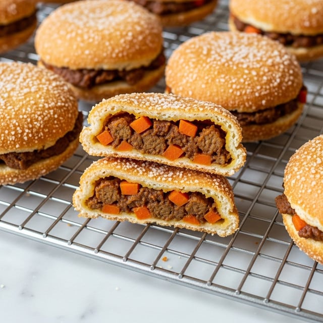 The image shows several round fried pastries with a golden-brown crispy outer layer arranged on a metal cooling rack over a white marbled surface. One of the pastries is cut in half and placed in the center, revealing a thick filling inside made of small diced orange carrots and brown meat pieces mixed in a thick brown sauce. The salted crunchy texture of the outer covering contrasts with the rich, moist, and chunky filling visible in the middle layers. photo taken with an iphone --ar 4:5 --v 7