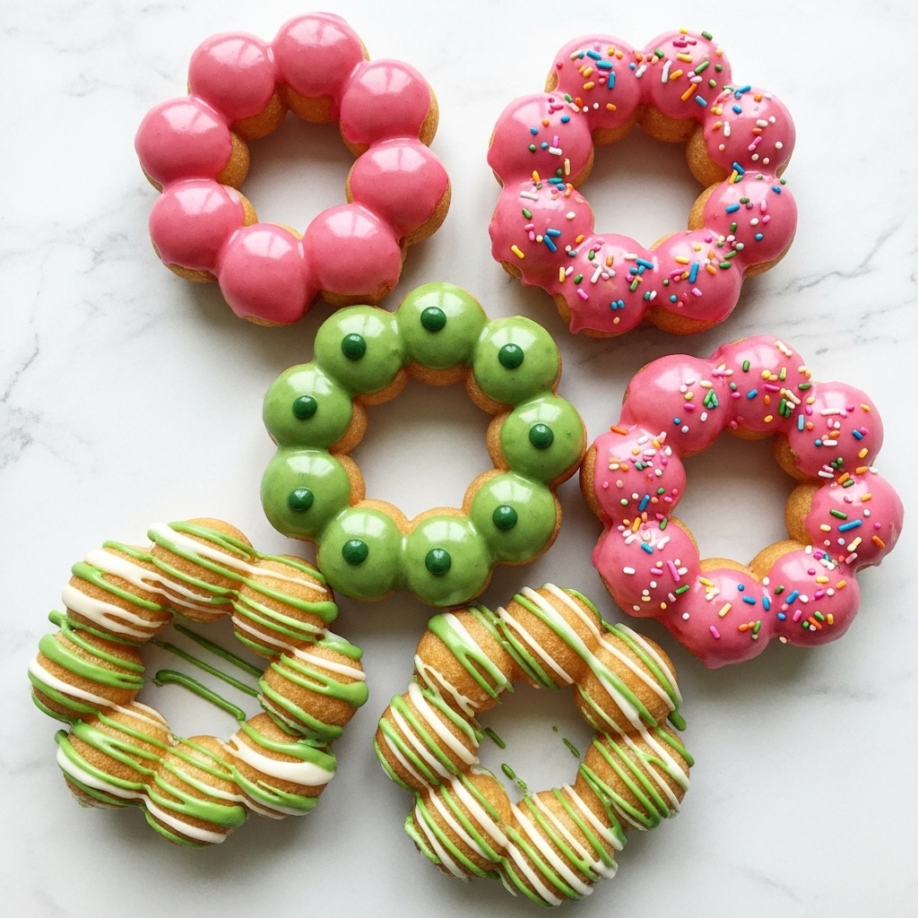 The image shows six ring-shaped donuts, each made of eight golden brown puffed balls connected in a circle. Three donuts are covered with a smooth pink glaze that shines under the light, one donut is topped with green icing dots that fill each puff, and one donut is dipped in pink glaze with colorful thin sprinkles scattered on top. The last donut at the bottom has green drizzle and some white glaze stripes over it. All donuts are placed directly on a white marbled textured surface. photo taken with an iphone --ar 4:5 --v 7