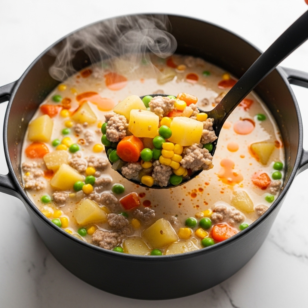 A black pot filled with creamy soup showing visible steam, with a black ladle lifting a scoop of the soup. The soup has chunky layers of small light brown ground meat pieces, pale yellow potato cubes, bright green peas and beans, small orange carrot cubes, and yellow corn kernels, all mixed in a light beige creamy broth with a slight orange oil sheen on top. The scene is set on a white marbled texture surface. photo taken with an iphone --ar 4:5 --v 7