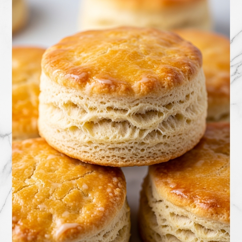 A close-up view of several freshly baked biscuits stacked on each other, showing their flaky, golden brown tops with a slightly shiny texture from a light glaze. The biscuits have a layered structure with a pale, soft interior visible through the sides, while the golden brown edges add a crisp contrast. The background has a soft, blurred edge featuring a white marbled texture. photo taken with an iphone --ar 4:5 --v 7