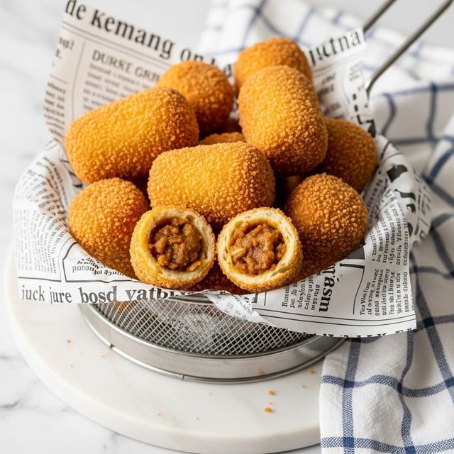 The image shows a metal basket lined with paper that looks like newspaper, filled with golden brown, crispy fried snacks shaped like short cylinders and some cut open to show a thick, chunky brown filling inside. The pastries have a crunchy textured coating, and the filling appears soft and moist with small bits in it. The basket is placed on a white marbled surface with a white and blue checkered cloth partially visible nearby. The lighting highlights the crispy texture and warm color of the food. photo taken with an iphone --ar 4:5 --v 7