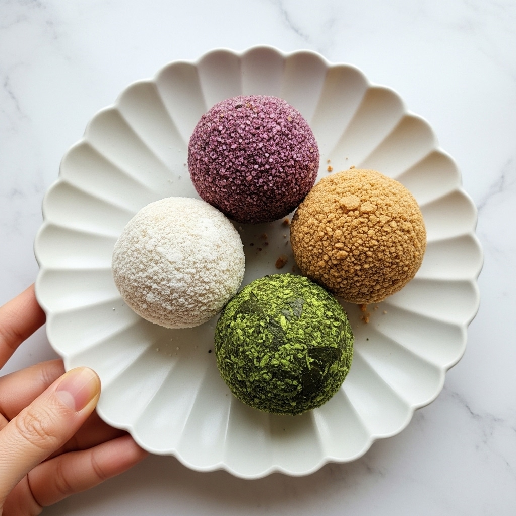 A white scalloped plate holds four round balls, each coated in different colored powders. The top ball is deep purple with a slightly grainy texture, the right one is light brown and crumbly, the bottom ball is bright green with a coarse, leafy coating, and the left ball is off-white with a powdery surface. A woman's hand holds the plate gently from the bottom left. The background is a white marbled texture. photo taken with an iphone --ar 4:5 --v 7
