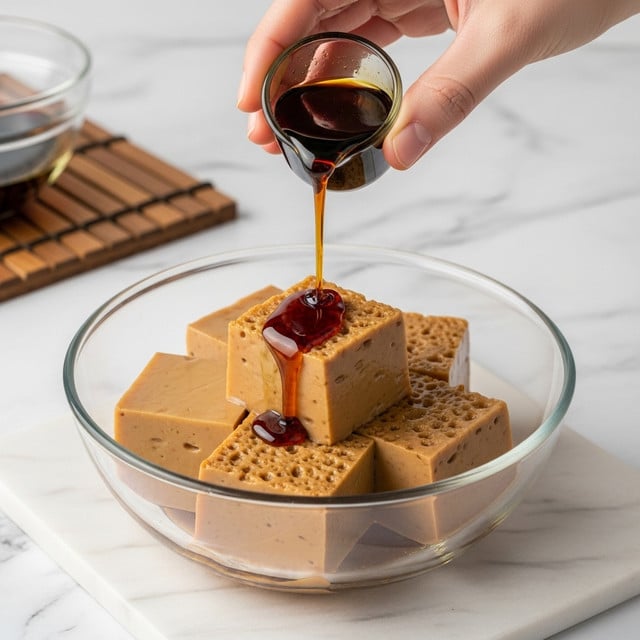 A clear glass bowl holds several thick, shiny, light brown jelly-like cubes with a slightly translucent look and some texture on top. A woman's hand is pouring a dark brown syrup over the cubes, and the syrup forms small puddles as it drips down. The bowl is placed on a white marbled surface with a wooden mat underneath. photo taken with an iphone --ar 4:5 --v 7