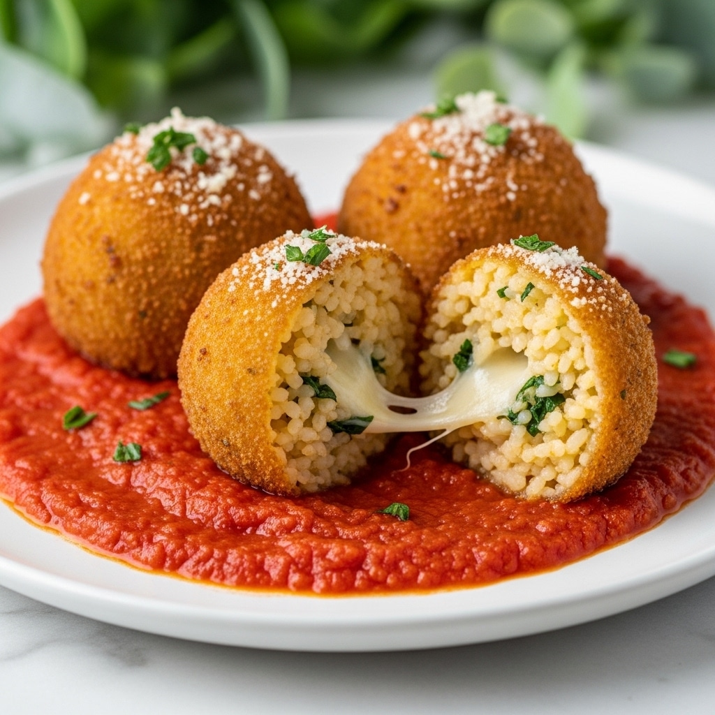 Three golden-brown fried arancini sit on a white plate on a white marbled surface, with one of the balls cut in half showing a soft creamy risotto rice filling with bits of green herbs and stringy melted cheese inside. The arancini rest on a thick layer of bright red marinara sauce that spreads across the plate's base. The crispy breadcrumb crust on the arancini is speckled with small green herbs and grated cheese. Some greenery is blurred in the background, adding color contrast. photo taken with an iphone --ar 4:5 --v 7