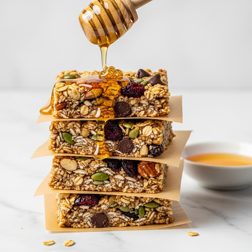 A stack of four granola bars with visible oats, nuts, seeds, dried cranberries, and chocolate chips sits on crinkled brown parchment paper on a white marbled surface. Each bar is separated by thin sheets of parchment paper, showing rough, chunky textures in golden brown and beige tones. Honey is drizzling down from a wooden honey dipper held above the top bar, pooling slightly on the top and sides. A small white dish with honey is placed nearby on the right side of the image. Photo taken with an iphone --ar 4:5 --v 7
