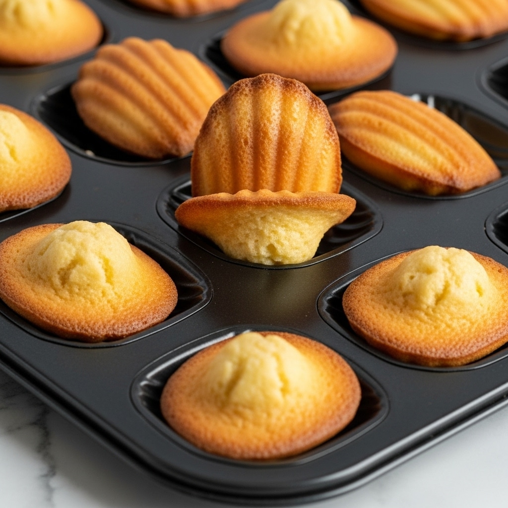 The image shows a close-up of a black metal baking tray with several madeleine cookies inside. The cookies have a golden-brown color with a smooth and slightly ridged texture that follows the shell shape of the mold. One cookie, in the center, is upside down revealing a soft, light tan inside. The tray is set on a white marbled surface, and the cookies look freshly baked with a warm, inviting appearance. photo taken with an iphone --ar 4:5 --v 7