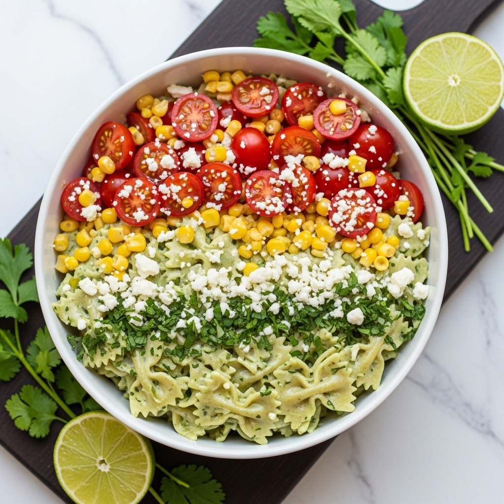 The image shows a white bowl filled with a colorful pasta salad made of three main layers: the first layer is light green bowtie pasta coated in a creamy sauce, the second layer consists of halved red cherry tomatoes and small yellow corn kernels scattered throughout, and the top layer is sprinkled with white crumbled cheese and finely chopped green herbs, giving it a fresh look. The bowl sits on a dark wooden board with fresh green herbs and lime halves placed nearby, all set against a white marbled surface. Photo taken with an iphone --ar 4:5 --v 7