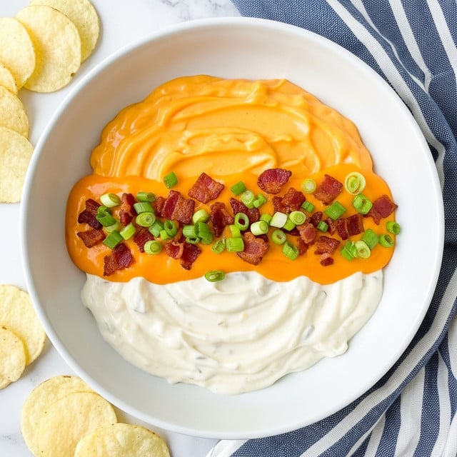 This dish is served in a white round bowl showing three clear layers: the bottom layer is a creamy white base, the middle layer is a smooth, bright orange cheese sauce spread evenly, and the top layer is scattered with small, crispy brown bacon bits along with chopped green onions, adding texture and color contrast. The bowl is placed on a white marbled surface, next to a blue and white striped cloth and some round pale yellow potato chips at the edges of the frame. photo taken with an iphone --ar 4:5 --v 7