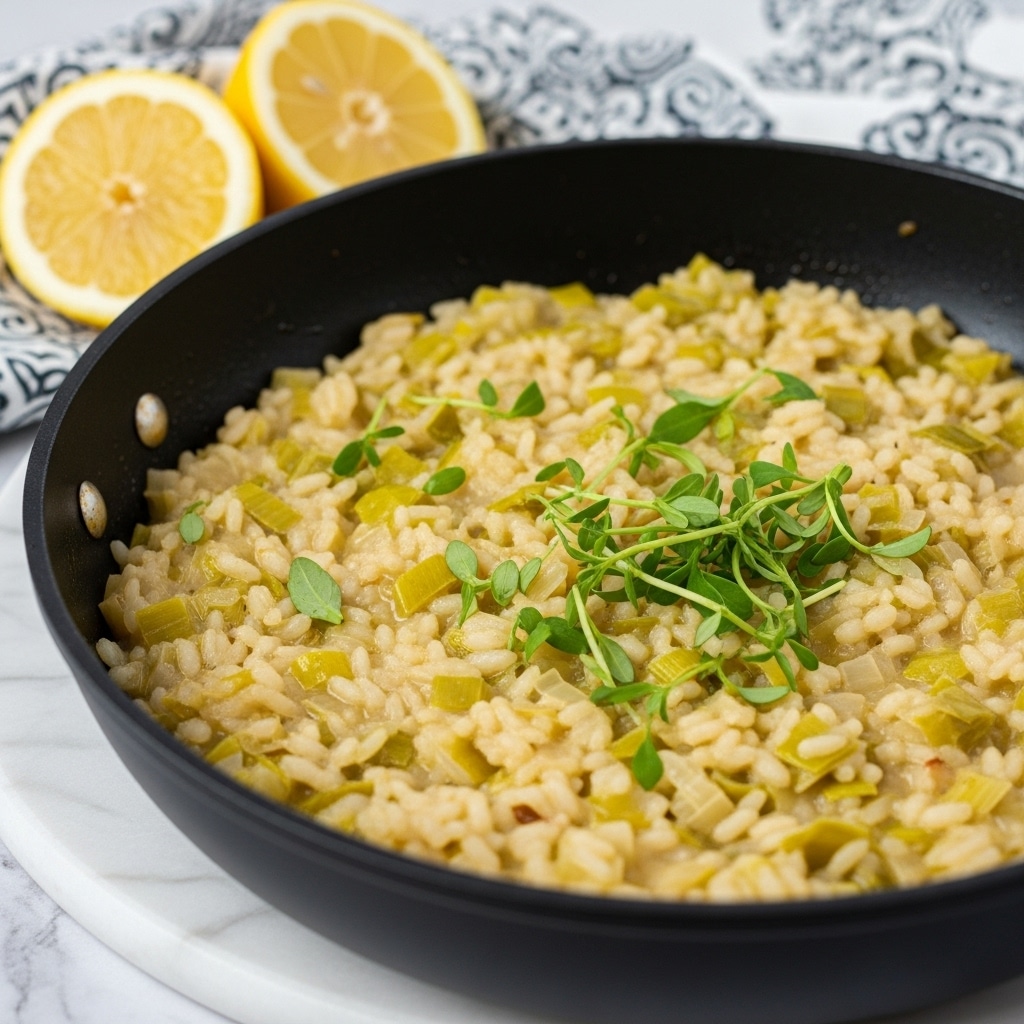 A close-up view of a creamy risotto in a black pan, showing one main layer of soft, cooked rice mixed with small pieces of pale yellow and light green vegetables, all coated in a shiny, moist sauce. Scattered on top are bright green herb sprigs that add a fresh look, with two lemon halves placed nearby, adding a pop of yellow color to the scene. The pan rests on a white marbled surface with a soft, patterned cloth in the background, enhancing the cozy and fresh feeling of the dish. Photo taken with an iphone --ar 4:5 --v 7