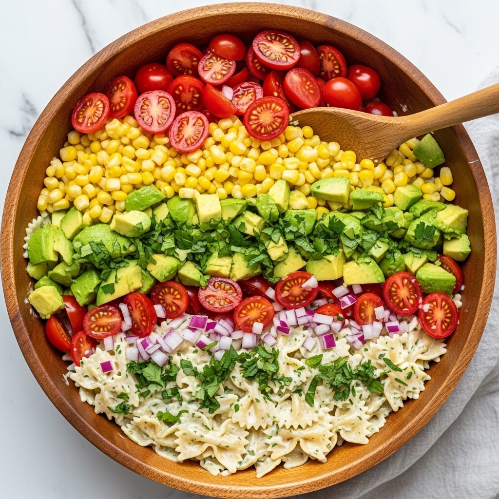 A large wooden bowl filled with a colorful pasta salad with about five layers visible: the bottom layer is bowtie pasta coated in a creamy white sauce with green herbs, the next layers include bright yellow corn kernels, chunky green avocado cubes, and halved red cherry tomatoes scattered throughout. There are also small pieces of purple onion and finely chopped green herbs sprinkled on top. A wooden spoon rests inside the bowl, partly buried in the salad, all placed on a white marbled surface with a light cloth nearby. Photo taken with an iphone --ar 4:5 --v 7