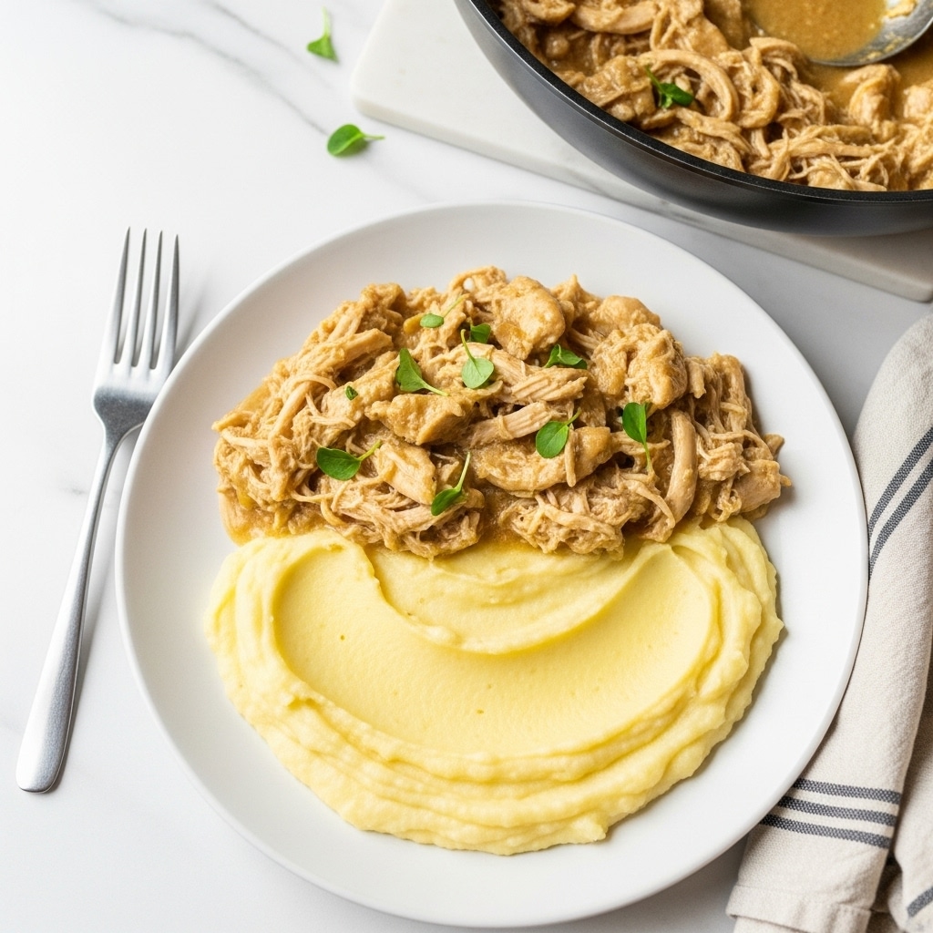 A white plate holds a dish with two layers: the bottom layer is a pale yellow, creamy mashed potato spread smoothly across the plate, while the top layer is a light golden chicken and gravy mixture with visible shredded chicken pieces and small green herb sprigs scattered on top. In the background, a pan with more of the same chicken and gravy mixture is partially visible on a white marbled surface. A simple silver fork lies beside the plate, and a striped cloth napkin is partially shown in the corner. photo taken with an iphone --ar 4:5 --v 7
