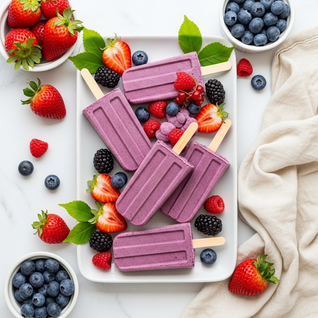 The image shows a white rectangular plate on a white marbled surface, holding six purple popsicles arranged in a slightly overlapping manner. The popsicles have a smooth, glossy texture with subtle ridges running lengthwise. Scattered on and around the popsicles are fresh berries, including halved red strawberries, whole blackberries, whole blueberries, and a few raspberries. Fresh green leaves are also placed on the plate, adding a touch of natural color contrast. Around the plate, there are small white bowls filled with more fresh strawberries and blueberries. A soft, cream-colored cloth is draped on one side, completing the fresh, vibrant summer treat presentation. Photo taken with an iphone --ar 4:5 --v 7