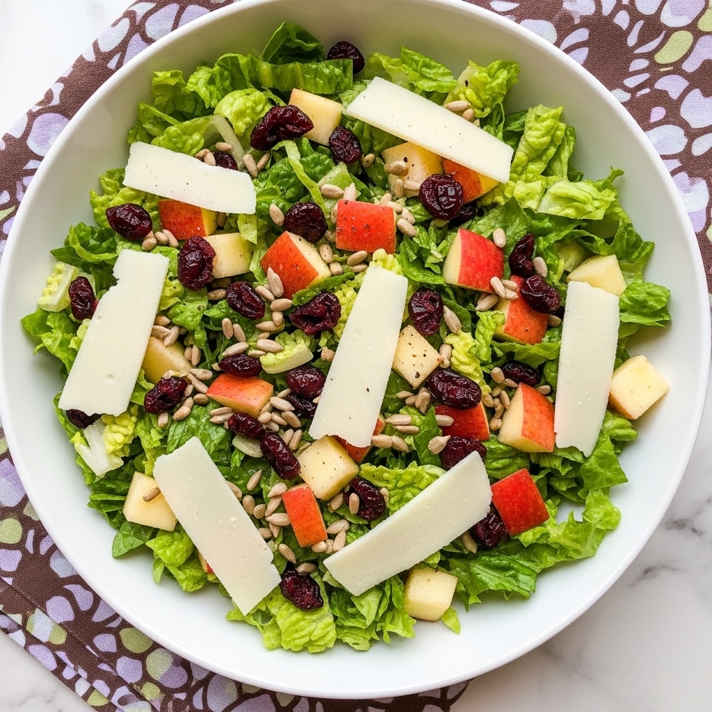 A white bowl is filled with a salad made of shredded green lettuce as the base layer, mixed evenly with small pieces of red and yellow apple with skin on, dark red dried cranberries, and light brown sunflower seeds. Thin, large white shavings of cheese are scattered on top, creating a textured look. The bowl rests on a cloth with a brown and light purple pattern, placed on a white marbled surface. The salad looks fresh and colorful with a mix of crunchy and soft textures. photo taken with an iphone --ar 4:5 --v 7