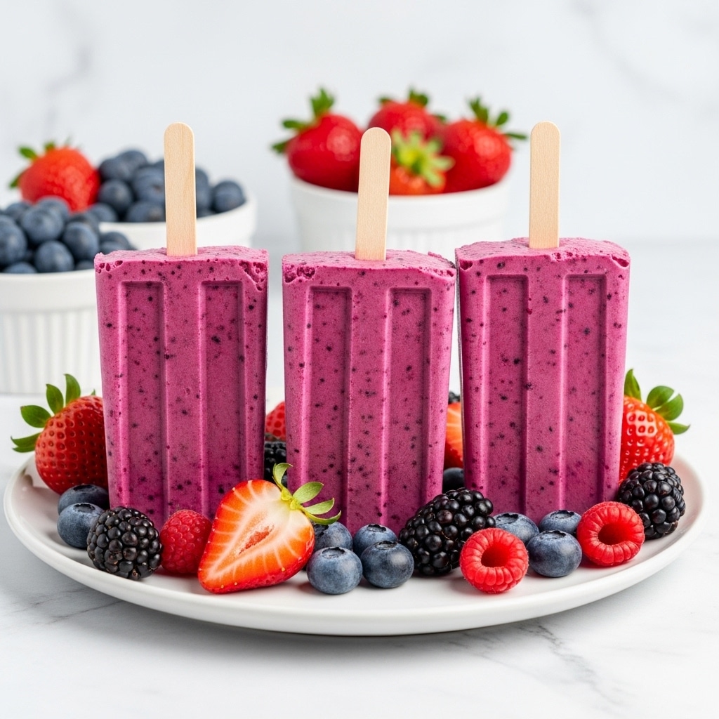 Four bright purple popsicles stand upright in a row on a white plate, each with a light wooden stick at the center. The popsicles have a smooth, slightly textured surface with visible berry speckles. Around the base of the popsicles, fresh mixed berries including strawberries, blueberries, raspberries, and blackberries are scattered, adding a mix of red, blue, and black colors. In the background, there are two small white bowls filled with blueberries and strawberries set against a white marbled surface. photo taken with an iphone --ar 4:5 --v 7