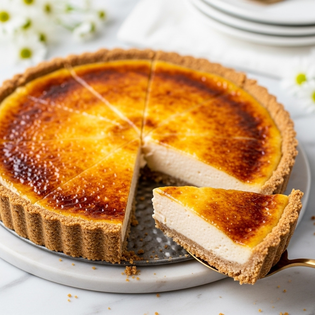 A whole creamy pie with a golden brown, slightly shiny top layer, cut into slices with one slice taken out and held on a golden spoon, showing a smooth, light beige inside filling and a crumbly light brown crust with visible texture around the edges; the pie sits in a round metal pie dish with a scalloped edge on a white marbled surface with a few white flowers and a stack of white plates blurred in the background. photo taken with an iphone --ar 4:5 --v 7