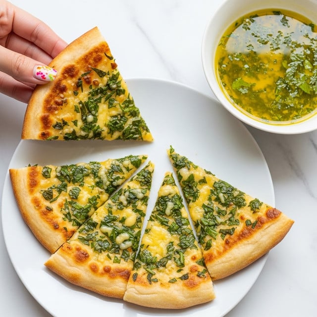 A close-up of a white plate with five triangle slices of flatbread topped with chopped green herbs and melted butter or cheese, showing a golden brown color with some darker spots where it is cooked. One slice is held by a woman's hand with colorful painted nails. Beside the plate is a white bowl filled with melted yellow butter or oil mixed with green herbs, placed on a white marbled surface. photo taken with an iphone --ar 4:5 --v 7
