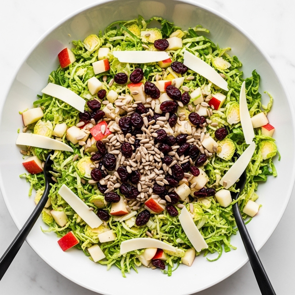 A large white bowl is filled with a fresh salad made of shredded bright green Brussels sprouts as the base layer. Mixed throughout are thin slices and small chunks of light red and cream-colored apple pieces. Scattered on top are dark red dried cranberries and light brown sunflower seeds, adding texture and color contrast. Light cream-colored thin cheese slices are spread evenly over the salad. Two black serving utensils rest inside the bowl. The bowl sits on a white marbled surface. photo taken with an iphone --ar 4:5 --v 7