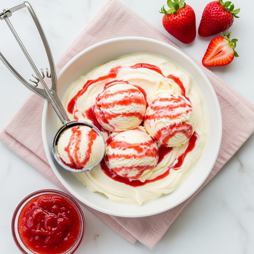 A white bowl filled with creamy vanilla ice cream swirled with bright red strawberry sauce, showing a smooth and soft texture with visible chunks of strawberry mixed in; three rounded scoops of the swirled ice cream rest slightly raised on top in the center of the bowl. A metal ice cream scooper holds one scoop, sitting on the left side of the bowl. The bowl sits on a pale pink cloth atop a white marbled surface, with three fresh red strawberries, two whole and one cut in half, placed near the top right. A small, clear glass dish of thick red strawberry sauce is positioned near the bottom left of the frame. photo taken with an iphone --ar 4:5 --v 7