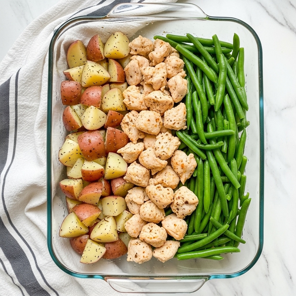 A clear glass rectangular baking dish filled with three distinct layers side by side: on the left, cubed red-skinned potatoes with soft white flesh, slightly seasoned; in the middle, pieces of white cooked chicken with a light reddish seasoning; on the right, bright green cooked green beans with a slight shine from oil or butter. The dish is on a white marbled surface with a white and gray striped towel nearby. Photo taken with an iphone --ar 4:5 --v 7