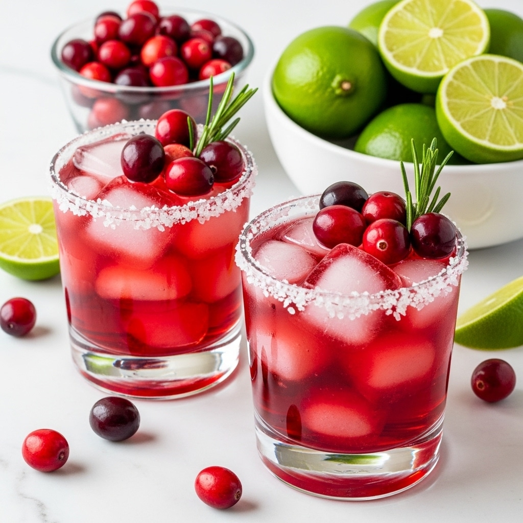 The image shows a clear glass filled with a deep red, slushy textured drink that has a frothy pink layer on top. The rim of the glass is coated with coarse sugar crystals, and the drink is garnished with frosted red cranberries and a sprig of fresh green rosemary sticking out from the top. Around the base of the glass, there are more sugared cranberries on a white marbled surface dusted with granulated sugar. In the blurred background, there are silver and blue holiday ornaments with detailed patterns and soft warm lights creating a cozy festive atmosphere. Photo taken with an iphone --ar 4:5 --v 7