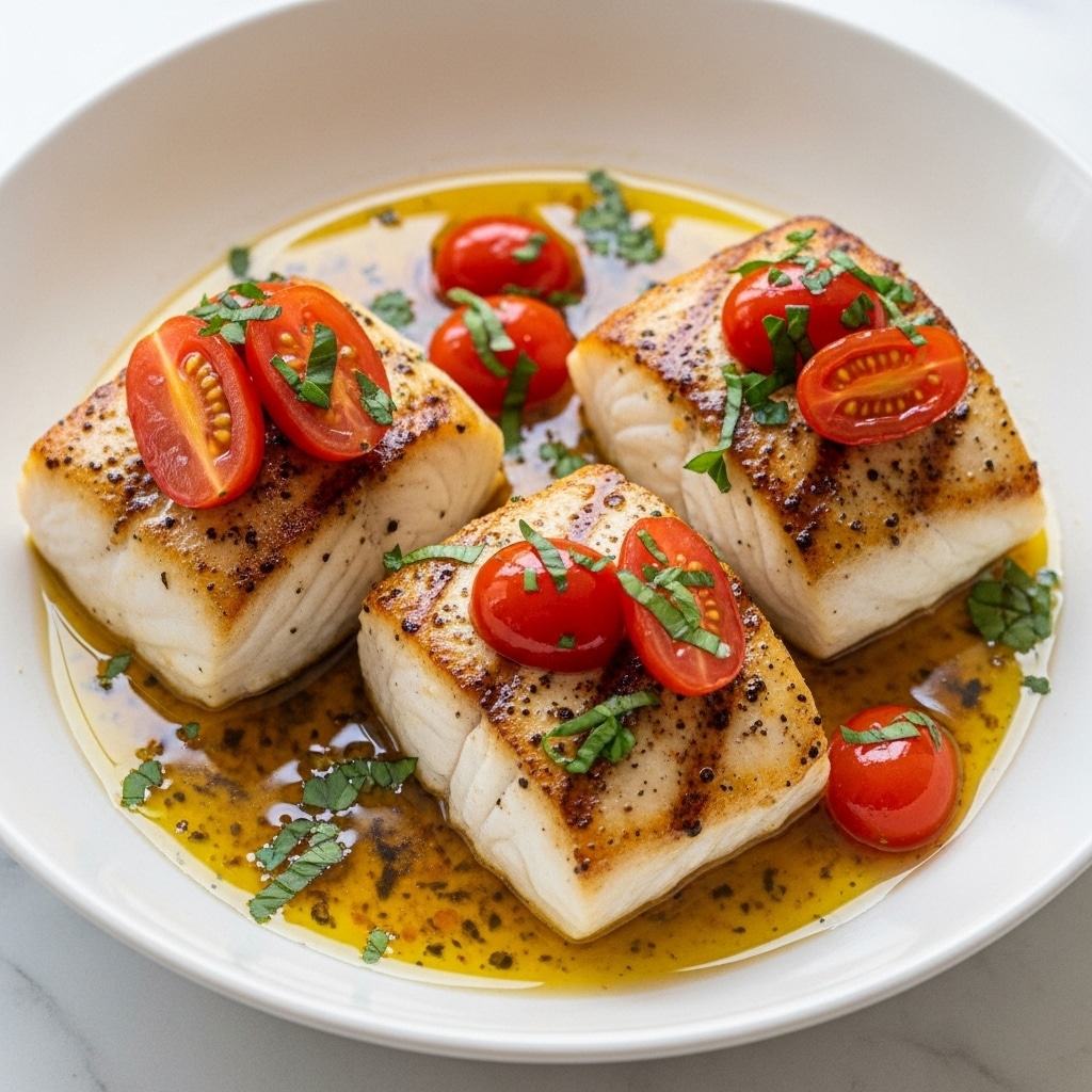 The image shows three pieces of thick white fish fillets, each with a grilled, golden brown crust on the top surface. The fish is placed in a shallow pool of shiny, golden oil mixed with herbs and spices. On top of each piece of fish, there are small bright red cherry tomatoes, some sliced in half, with fresh green chopped herbs sprinkled over the dish. The food is served in a white bowl, sitting on a white marbled surface. The colors are warm and vibrant, emphasizing juicy, cooked textures and fresh herbs. Photo taken with an iphone --ar 4:5 --v 7
