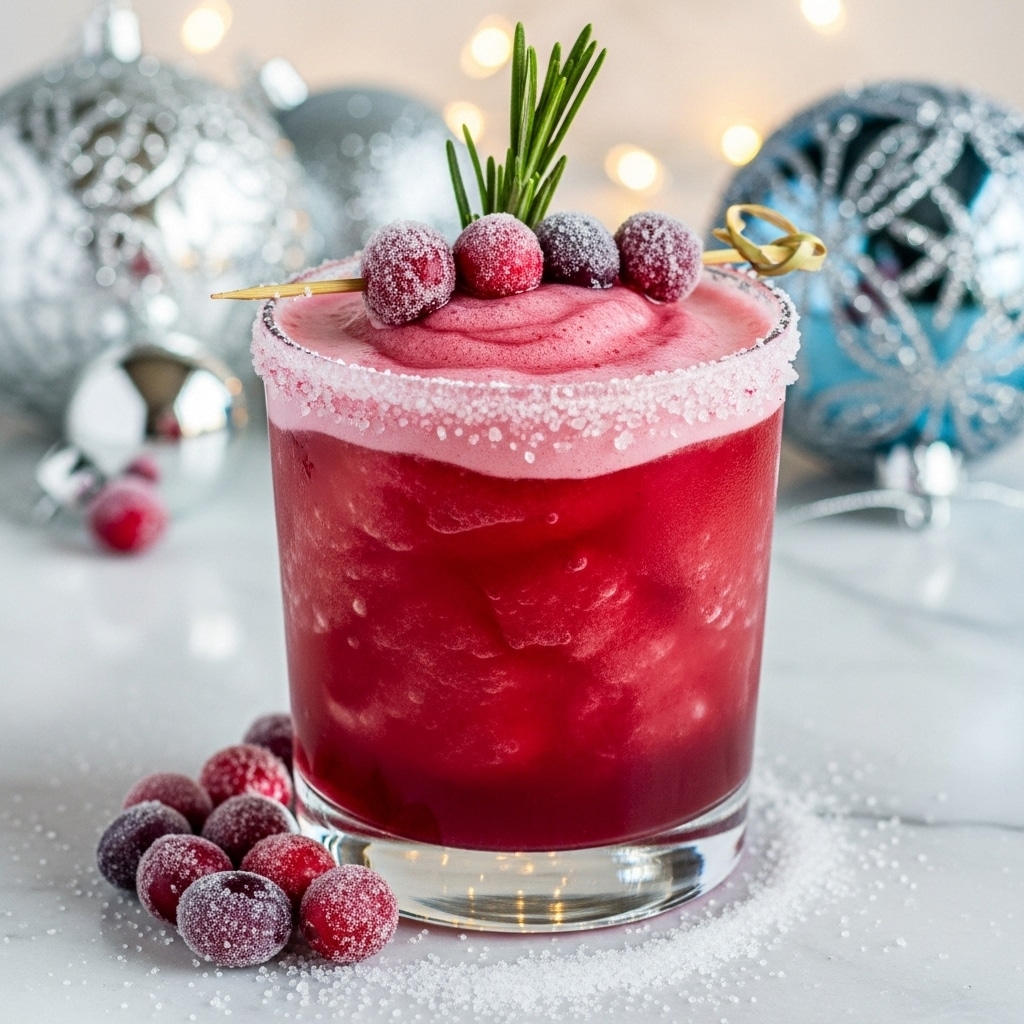 Two short clear glasses are filled with a red drink, each containing many ice cubes that show layers of deep red liquid, topped with fresh, round, red and dark purple cranberries and a sprig of green rosemary in each glass. The rims of both glasses are coated with coarse white salt crystals. Behind and beside the glasses, on a white marbled surface, there is a small clear glass bowl full of cranberries, and a white bowl filled with whole and sliced bright green limes. A few cranberries are scattered around the glasses. The overall look is fresh, colorful, and inviting, highlighting the contrast of red, green, and clear textures. photo taken with an iphone --ar 4:5 --v 7