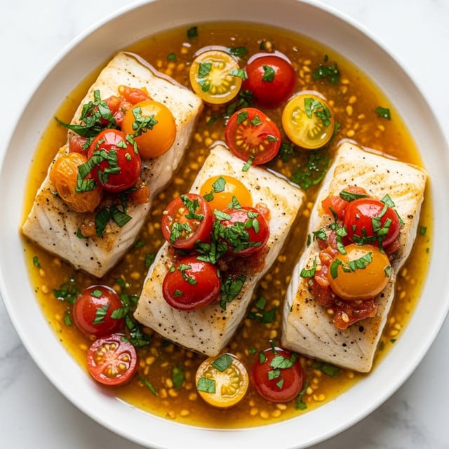 The image shows three pieces of cooked white fish fillets with light golden grill marks, each topped with a mix of halved red and yellow cherry tomatoes and chopped green herbs. The fish sits in a shallow pool of glossy, golden-brown sauce with visible herbs and tomato seeds, all contained in a white bowl. The tomatoes have a shiny, juicy texture, and the herbs sprinkle the fish and sauce evenly. The background is a white marbled texture. photo taken with an iphone --ar 4:5 --v 7