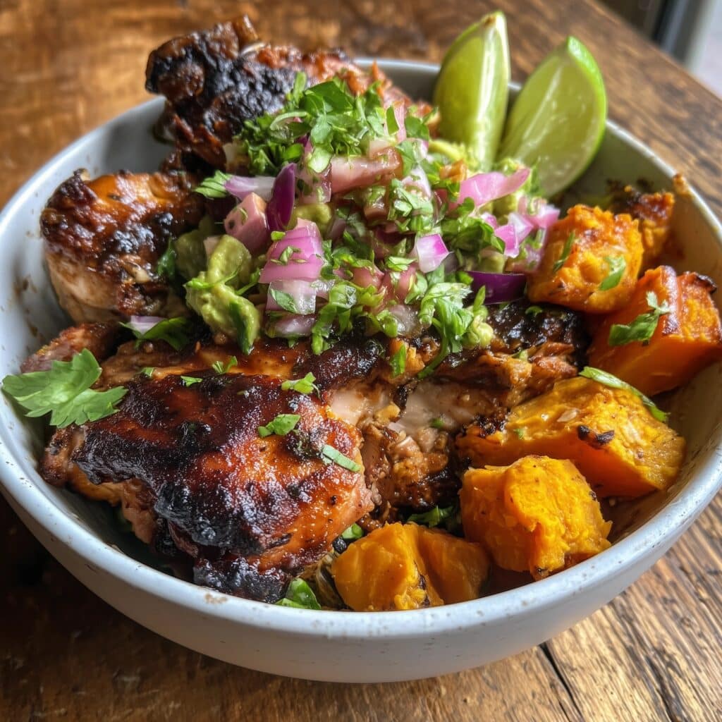Avocado Mojo Bowls with Roasted Sweet Potatoes and Chicken Recipe