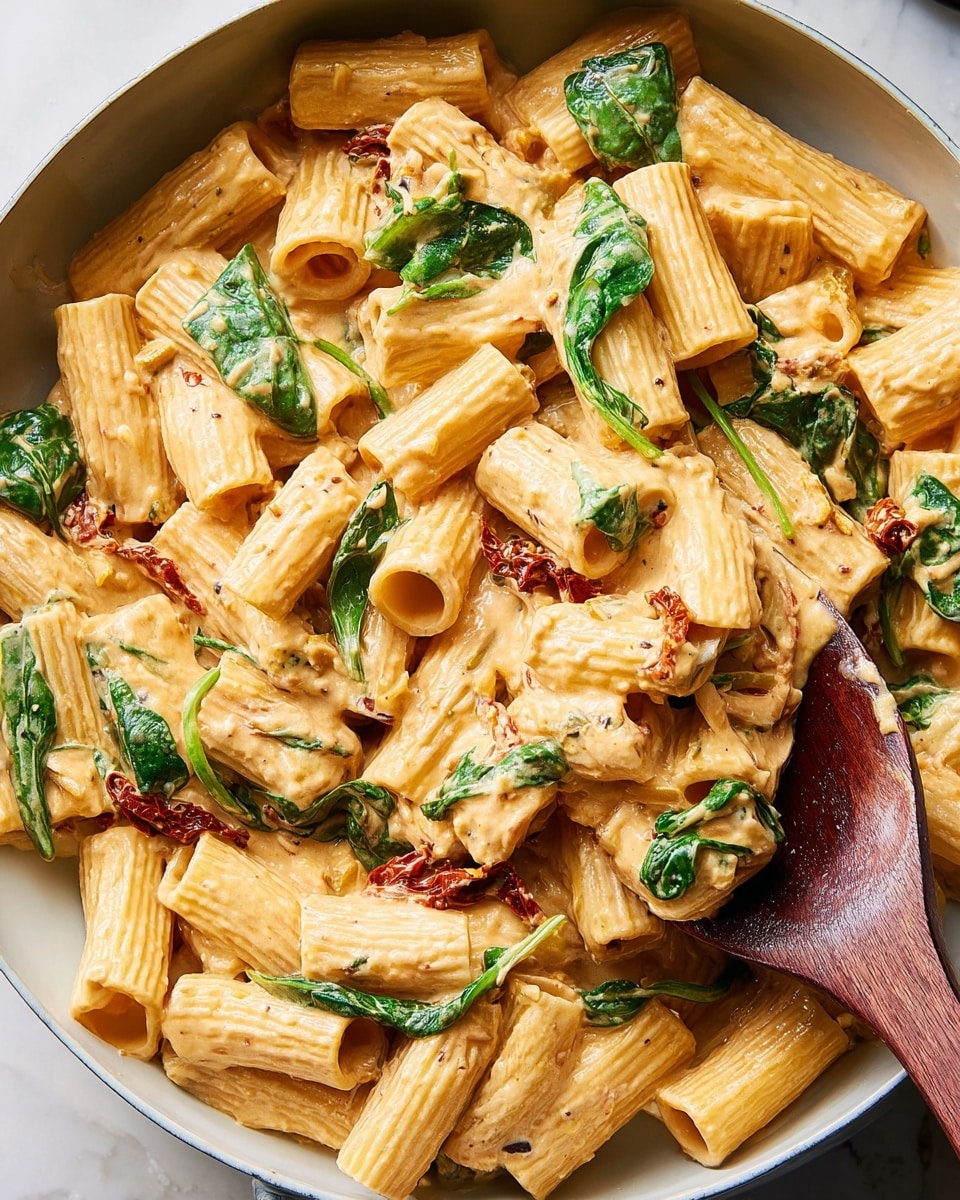 A close-up of a white bowl filled with rigatoni pasta mixed in a creamy sauce with a light orange color. The pasta is thick and textured, covered with sauce that looks smooth and rich. There are bright green spinach leaves scattered throughout the pasta, adding fresh color, along with small darker red sun-dried tomato pieces. A wooden spoon coated with sauce rests inside the bowl, partially lifting some pasta. The bowl sits on a white marbled surface. photo taken with an iphone --ar 4:5 --v 7