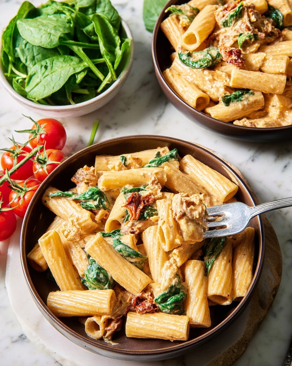 The image shows two bowls filled with creamy rigatoni pasta mixed with green spinach leaves and pieces of sun-dried tomato. The rigatoni pasta is thick and tube-shaped, coated in a smooth light orange sauce. One bowl is in the front, dark brown and filled to the top, with a silver fork lifting a bite of pasta with spinach and sun-dried tomato. The second bowl, similar in color and design, sits partially visible in the background. Next to the bowls, there is a small white bowl filled with fresh bright green spinach leaves and a bunch of fresh red cherry tomatoes on the vine. The setting is on a white marbled surface that adds brightness and texture to the scene. Photo taken with an iphone --ar 4:5 --v 7