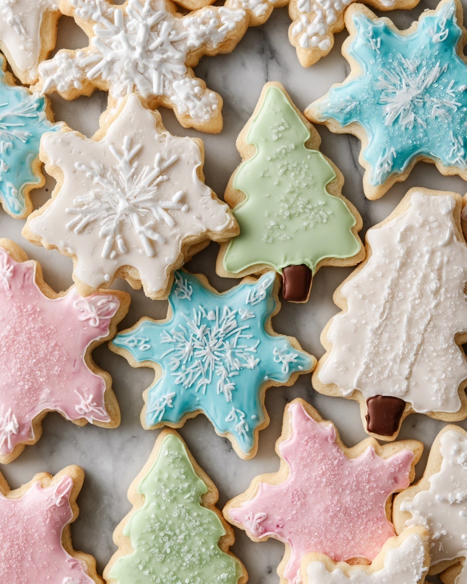 The image shows a close-up of many decorated sugar cookies on a white marbled surface. The cookies come in winter shapes like snowflakes, stars, and Christmas trees. Each cookie has one layer of icing in pastel colors such as white, light blue, pink, and green. The snowflake cookies have detailed white icing lines and dots on top, some with sugar crystals sprinkled for texture. The Christmas tree cookies have white icing with small white dot sprinkles and a brown rectangular base for the trunk. The star cookies have smooth colorful icing layers, some with sugar crystals on top for a shiny effect. The cookies are arranged closely, overlapping with clear, crisp details. photo taken with an iphone --ar 4:5 --v 7