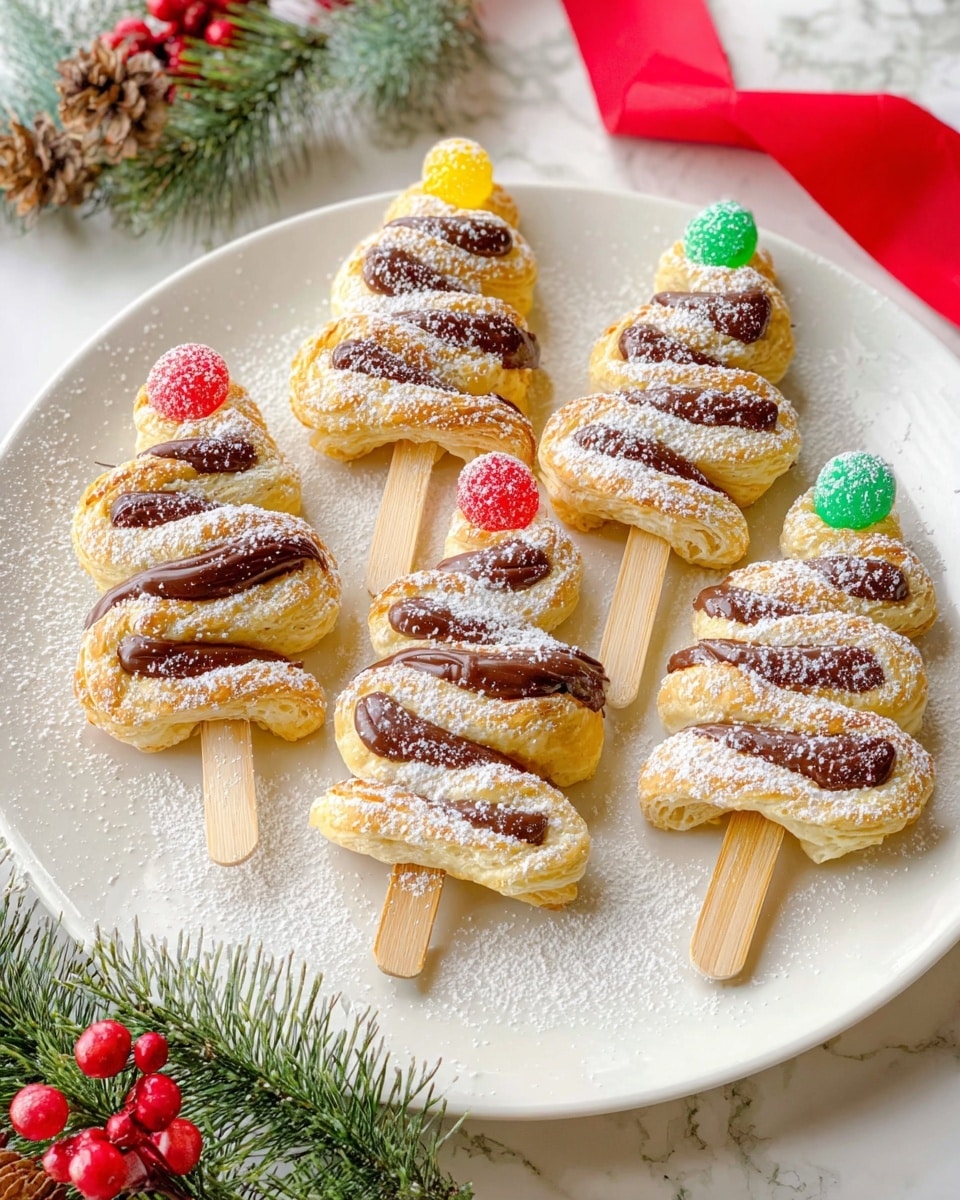 The image shows six Christmas tree-shaped pastries on a white plate, each on a wooden skewer. The pastries have two main layers: a light golden puff pastry base with a wavy layer of chocolate filling on top, creating a spiral pattern from bottom to top. Each tree is topped with a small colorful gumdrop in red, green, or yellow. A light dusting of powdered sugar covers the pastries, giving a snowy effect. The white plate sits on a white marbled surface, and there are small Christmas decorations with green pine needles, red berries, and a red ribbon nearby. Photo taken with an iphone --ar 4:5 --v 7