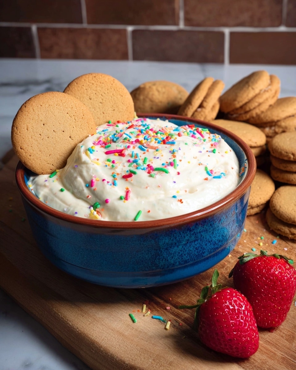 A blue bowl with a brown rim is filled with creamy white dip that has colorful sprinkles mixed inside and scattered on top. Two round light brown cookies rest on the rim of the bowl. Around the bowl, there is a cluster of similar light brown cookies, some broken, placed on a wooden board. To the right, three bright red strawberries sit close to the bowl. The background shows brown tiles and the bowl is placed on a white marbled surface. photo taken with an iphone --ar 4:5 --v 7