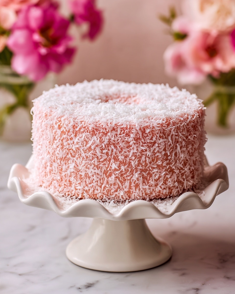 A pink ring-shaped cake with a smooth, slightly glossy surface is covered in a thick layer of white shredded coconut. The cake sits on a white scalloped-edge pedestal plate placed on a white marbled surface. The pink cake looks soft and moist, and the coconut flakes add a rough, fluffy texture evenly spread all around it, while the background shows soft pink flowers blurred gently. photo taken with an iphone --ar 4:5 --v 7