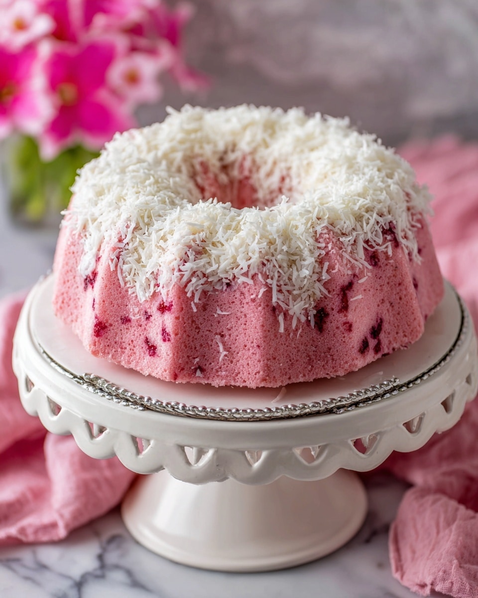 The dessert is a pink bundt cake with a soft, smooth texture, topped with a thick layer of white shredded coconut covering the top and sides, giving it a fluffy look. The pink cake has some darker pink or red spots peeking through the coconut, suggesting the presence of fruit or berries within. The cake sits on a white cake stand with a scalloped edge and a silver trim, placed on a white marbled surface with pink fabric and pink flowers blurred in the background. photo taken with an iphone --ar 4:5 --v 7