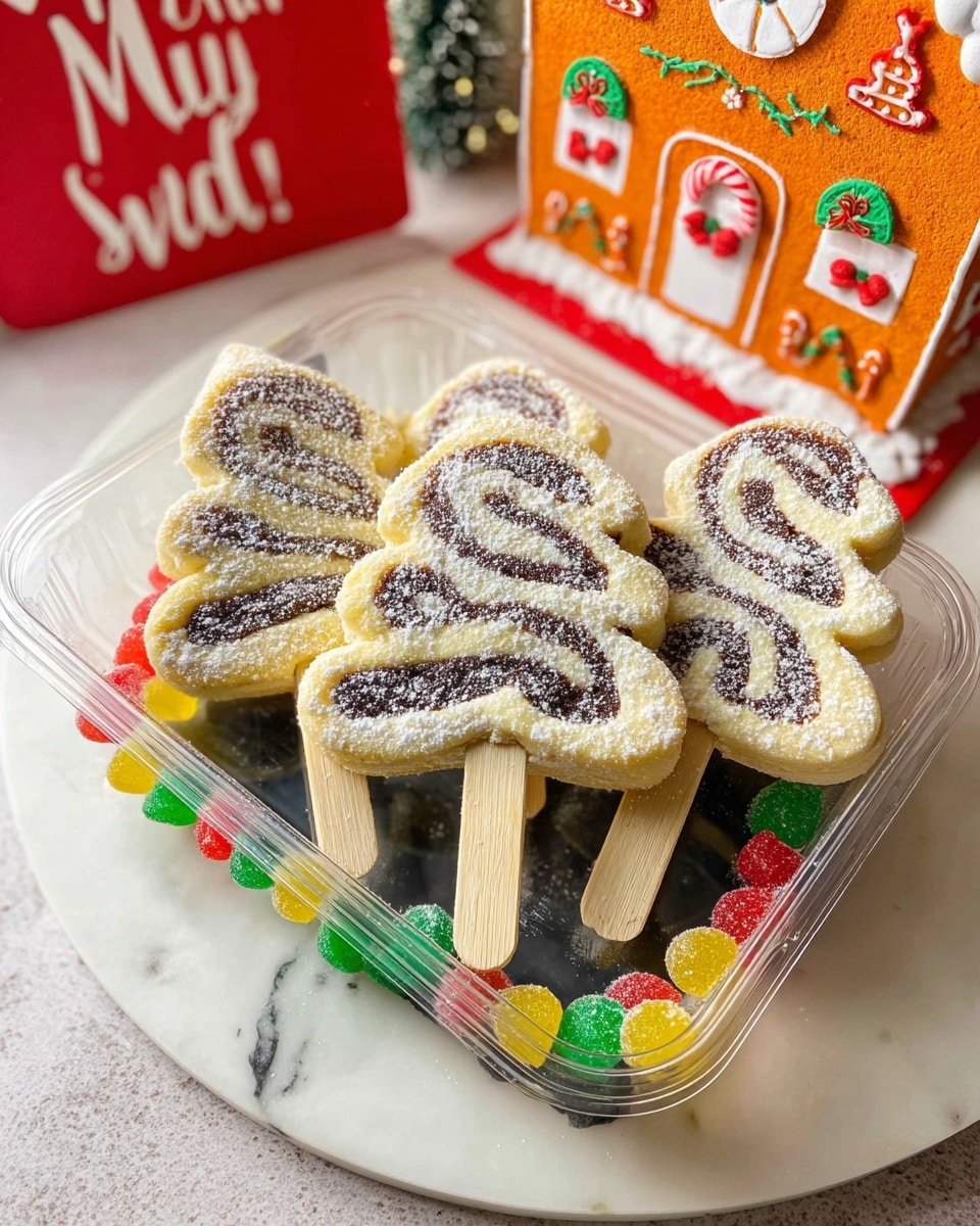 The image shows a clear plastic container with a black base, holding three Christmas tree-shaped pastries on wooden sticks. Each pastry has two visible layers: a light beige dough outside and a dark brown swirled chocolate filling inside, dusted lightly with powdered sugar. They are arranged on a white marbled surface with colorful gumdrop candies around the edges, including green, yellow, and red colors. In the background, there are holiday decorations, including a red sign with white lettering and an orange gingerbread house with peppermint candy designs. photo taken with an iphone --ar 4:5 --v 7