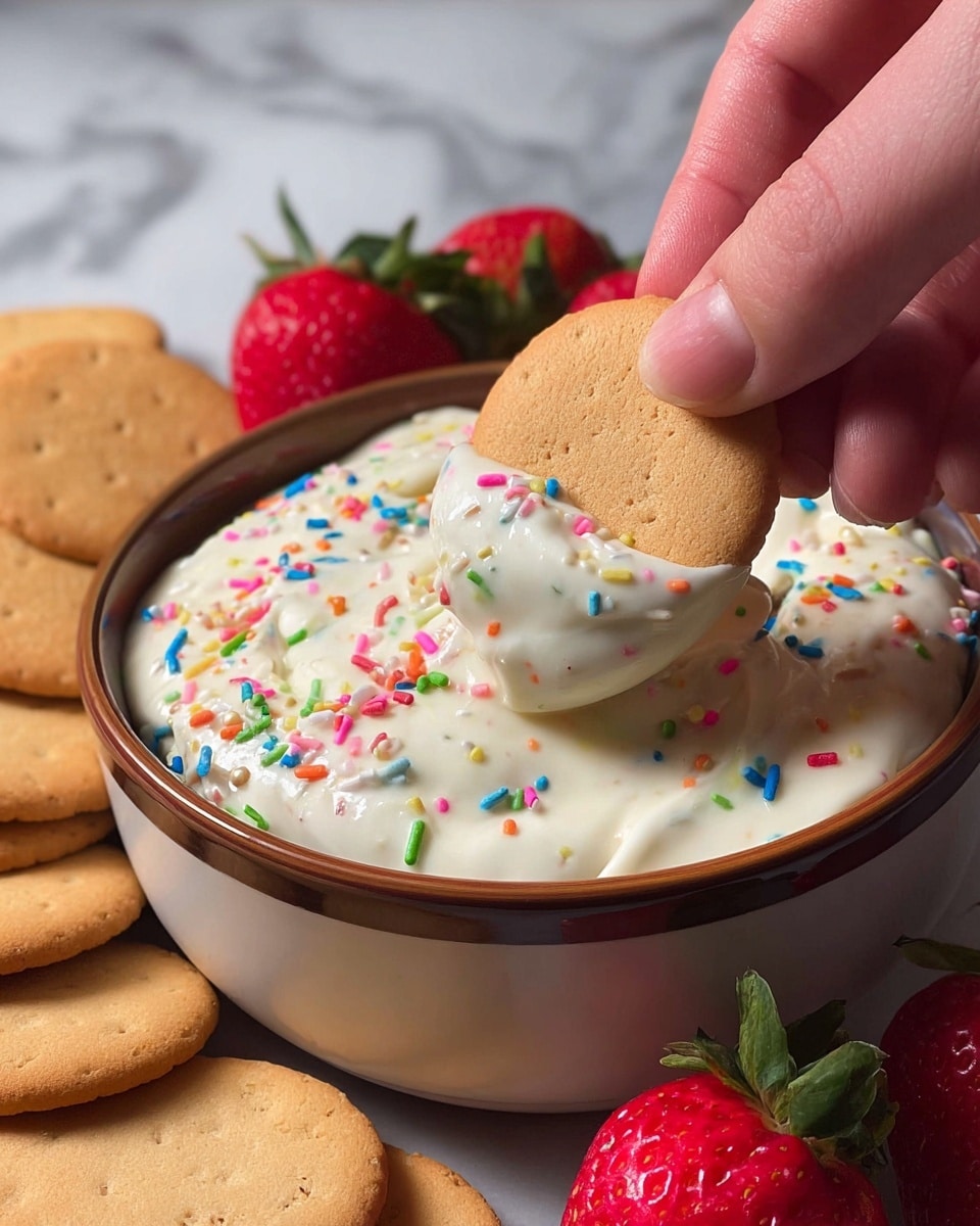 A close-up image shows a woman's hand dipping a round, light brown vanilla wafer cookie into a bowl filled with thick, creamy white pudding mixed with colorful rainbow sprinkles scattered throughout. The bowl is white with a brown rim and is placed on a white marbled surface. Surrounding the bowl are several more vanilla wafer cookies and two fresh red strawberries with green leaves beside them. The creamy pudding layer looks soft and smooth with vibrant sprinkles adding a playful texture. Photo taken with an iphone --ar 4:5 --v 7