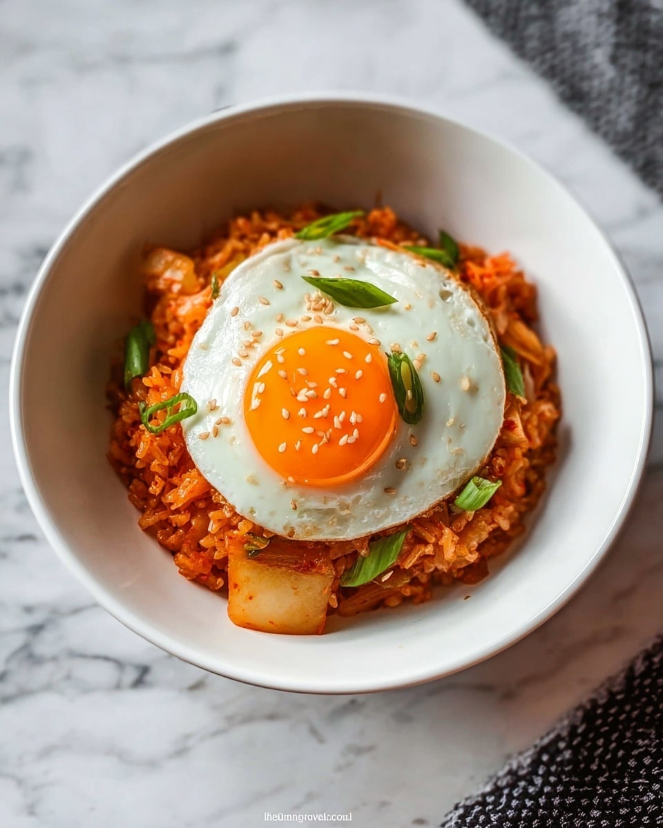 A white bowl contains a two-layered dish placed on a white marbled surface. The bottom layer is orange-red fried rice mixed with small pieces of light brown kimchi and scattered bright green sliced scallions, showing a slightly moist texture. On top, there is a single sunny-side-up egg with a bright orange yolk in the center, surrounded by the glossy white cooked egg white that has a few sesame seeds sprinkled on the surface. Photo taken with an iphone --ar 4:5 --v 7