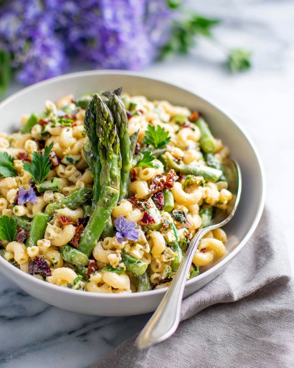 The image shows a white bowl filled with a colorful pasta salad. The dish has several layers: at the bottom, small elbow macaroni pieces form a creamy yellow base mixed with chopped green vegetables like asparagus and snap peas. Bright green asparagus tips stand upright in the center, adding height and texture. Mixed throughout are small bits of red sun-dried tomatoes and tiny purple edible flower petals, giving spots of red and purple color. The salad is topped with fresh green parsley leaves, adding a bright touch. A silver fork rests on the side inside the bowl. The bowl is placed on a white marbled surface with a blurred purple flower in the background and a soft gray cloth nearby. photo taken with an iphone --ar 4:5 --v 7
