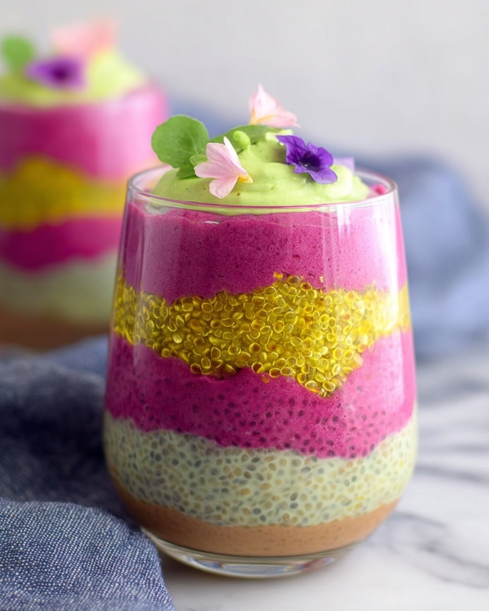 Chia Seed Breakfast Pudding with Mango, Avocado, Dragon Fruit, and Edible Flowers Recipe - Recipe Image