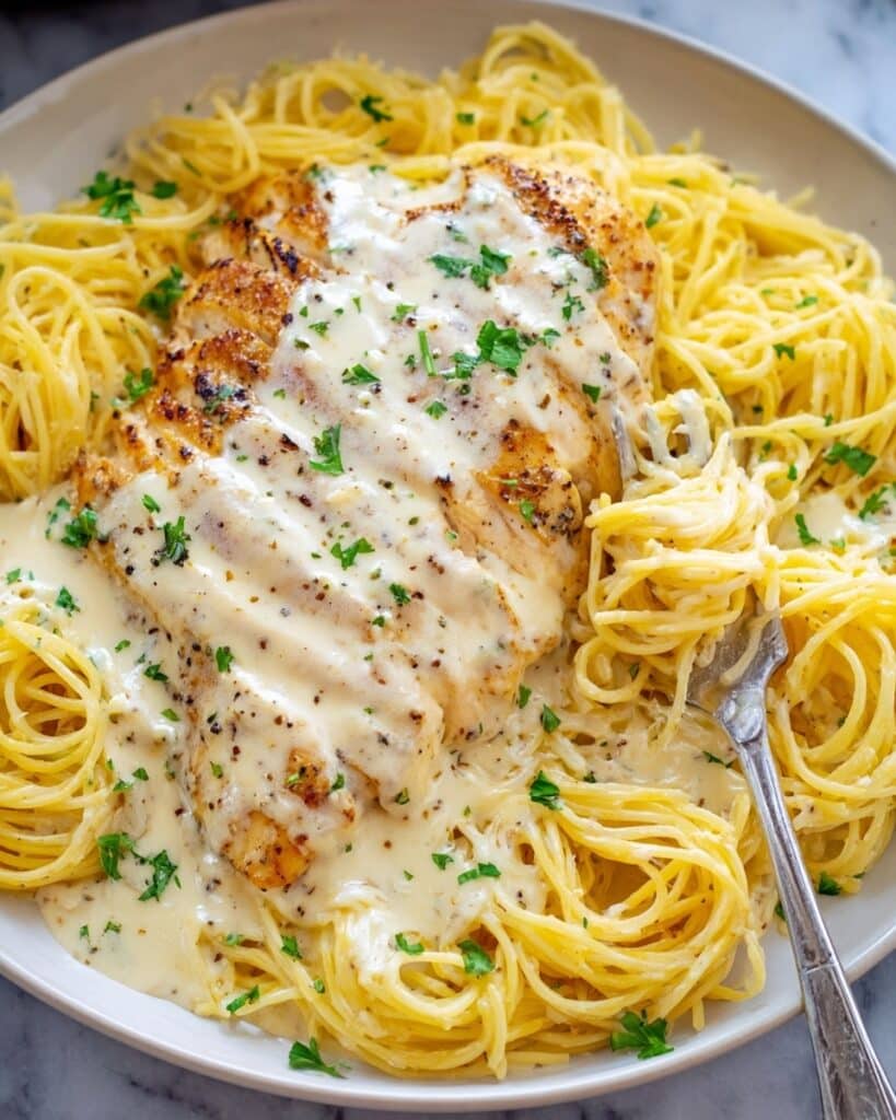 Crock Pot Angel Chicken with Creamy Italian Sauce and Angel Hair Pasta Recipe