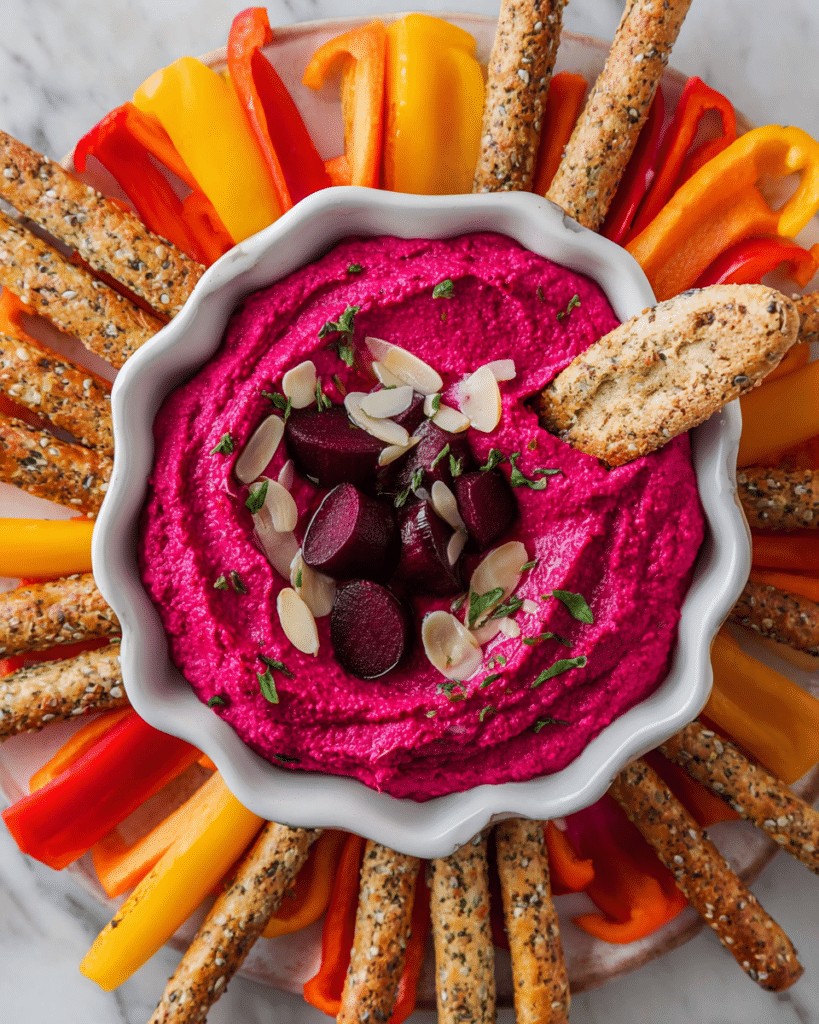 Fresh Beet Hummus with Feta and Toasted Crostini Recipe