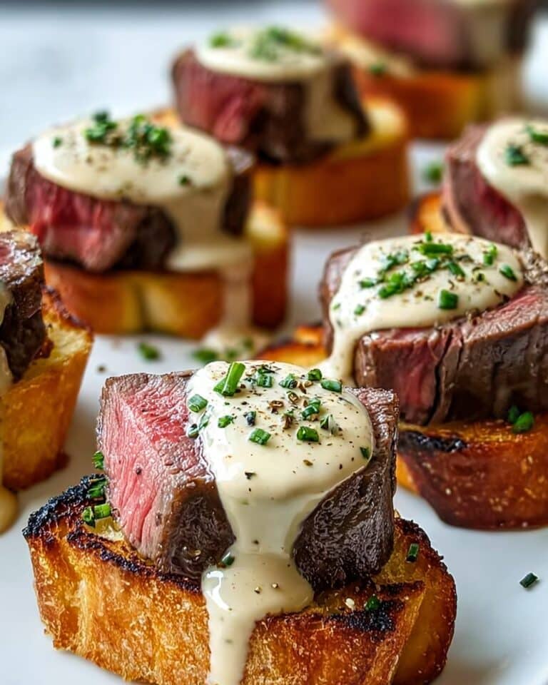 Beef Tenderloin Crostini with Parmesan Cream Sauce Recipe