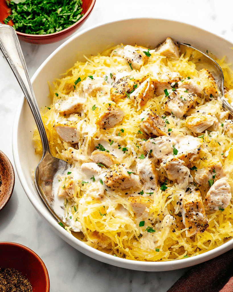 Spaghetti Squash Alfredo with Baked Chicken Recipe